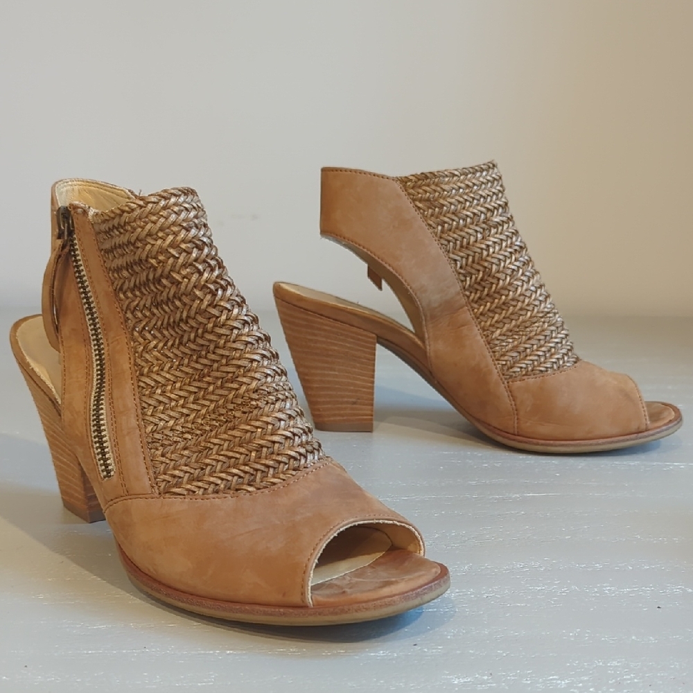 Paul Green Woven Tan Open-Toe Block Heel Sandals